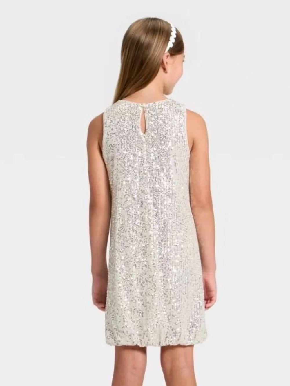Cat & Jack Girls' Sequin Bubble Hem Dress - Light Silver, L (10/12)